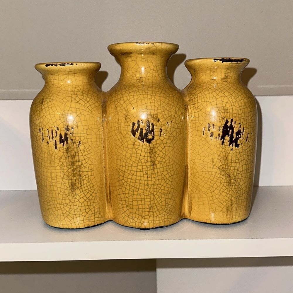 Vintage Triple Vase Decor Crackled Gold Brown Distressed - Picture 3 of 6